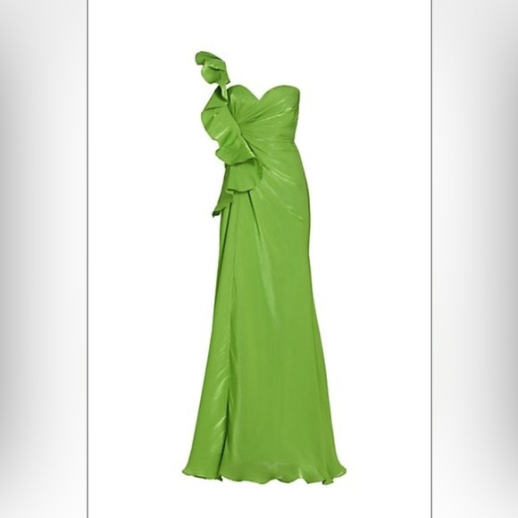 NWT Green Badgley Mischka Botanical Formal One Shoulder Ruffle Gown NEW - Picture 4 of 14